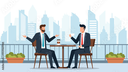 Two professional businessmen engaged in a productive conversation at an outdoor cafe table, enjoying coffee with a modern city skyline backdrop.