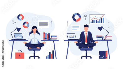 Focused business professionals, a woman and a man, meditating in lotus position on office chairs, surrounded by work, symbolizing stress management and work-life balance.