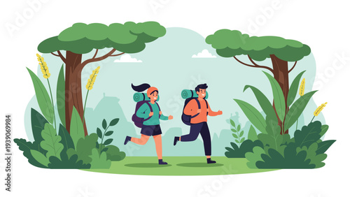 Energetic man and woman with backpacks enjoying an adventurous hike through a vibrant, verdant natural landscape filled with lush trees and foliage.
