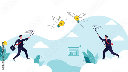 Determined businessmen on clouds actively pursuing innovative flying light bulbs with nets, symbolizing the challenging quest to capture new ideas and creativity.