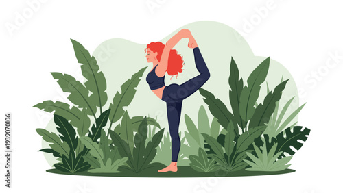 Energetic woman with flowing red hair gracefully executing a challenging yoga pose (Natarajasana) amidst a serene backdrop of lush tropical greenery.