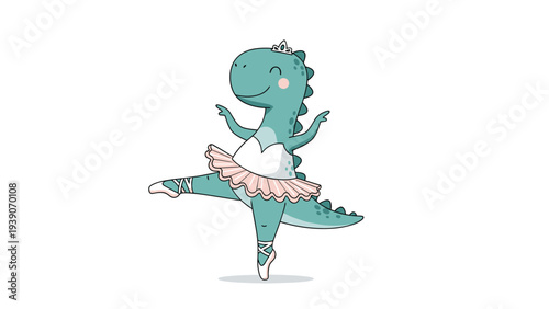 Adorable green dinosaur ballerina gracefully posing en pointe in a pink tutu and tiara, showcasing a charming and whimsical dance performance.