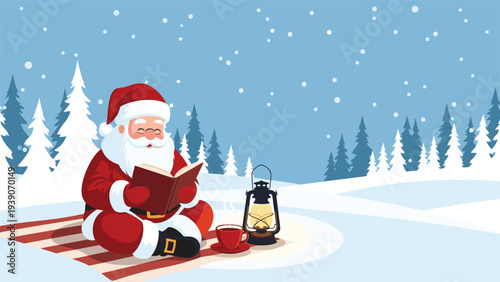 Jolly Santa Claus peacefully reading a book by the warm glow of a lantern, enjoying a hot drink in a serene snowy winter forest landscape.