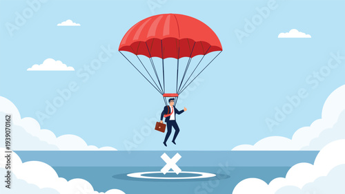 Confident businessman descending gracefully with a red parachute towards a precise target "X" on water, symbolizing strategic entry and successful execution.