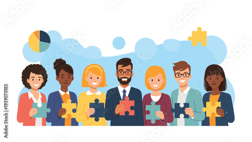 Diverse group of smiling business professionals holding colorful puzzle pieces, symbolizing strong teamwork, collaboration, and shared problem-solving success.
