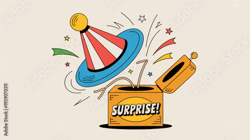 Colorful surprise party box with popping hat and confetti on beige background for celebrations
