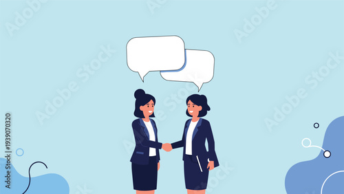 Professional businesswomen warmly shaking hands with speech bubbles above, symbolizing strong agreement, successful communication, and partnership.