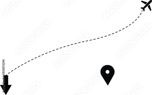 Airplane Flight Path with Location Pin and Direction Arrow Minimal Travel Route Vector Icon