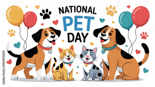 National pet day celebration with dogs and cats and colorful balloons and hearts