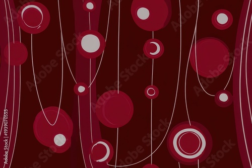 Pixelated Maroon Abstract Art with Hanging Circles and Stripes Illustration in Retro Style with Red and Vintage Tones for Creative Projects and Designs