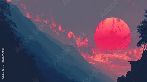 Pixelated Mountain Scenery with Red Sun and Cloudy Sky in Digital Art Style Landscape with Gradient Light and Deep Blue Mountains