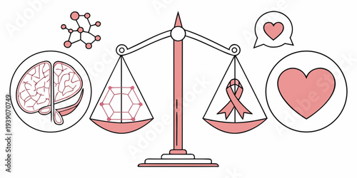 Balancing health factors with science, medicine, and care symbols on a scale