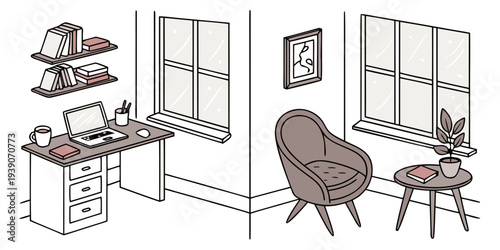 Modern home office setup with a cozy reading nook in a bright living space