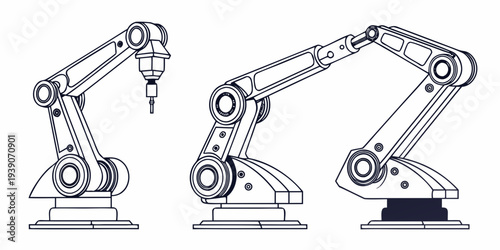 Industrial robotic arms in various configurations for manufacturing automation tasks