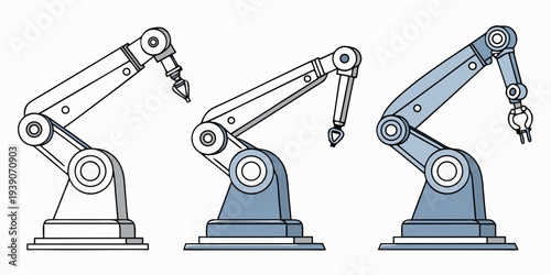 Three industrial robotic arms in various configurations for automation tasks