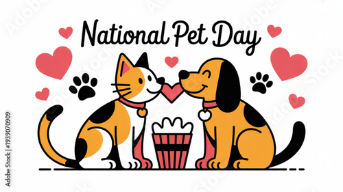 National pet day illustration of cat and dog sharing love hearts with popcorn