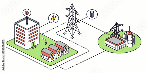 Illustration of a small-town smart power grid and infrastructure network