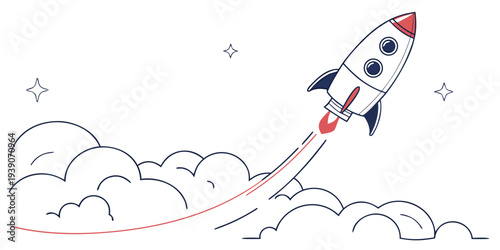 A whimsical rocket ship soaring through a cloud-filled sky with a playful design