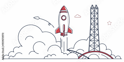 Launching a rocket into the starry sky with a futuristic tower in the background