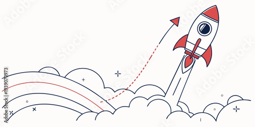 A vibrant rocket launching amidst colorful clouds and arcs of light in the sky