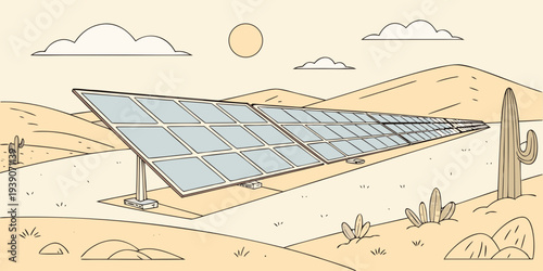 Solar panels arranged on a sloped terrain under a partly cloudy sky