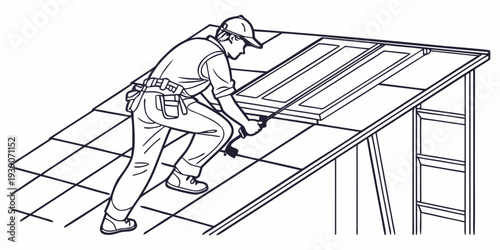A person installing or repairing roof shingles using a ladder and tools on a sloped roof.
