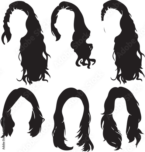Print Six different hairstyle silhouettes, black hair, wavy, straight, long, medium, isolated on white background