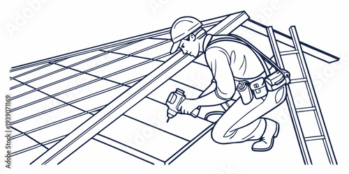 Person repairing or inspecting a roof structure with ladder support