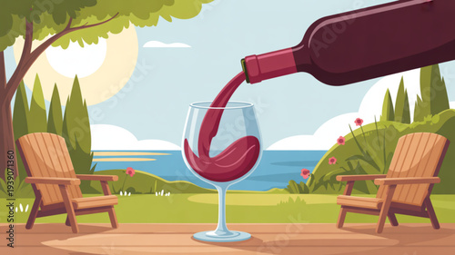 Red wine pouring into a glass on a deck overlooking the ocean with two wooden chairs