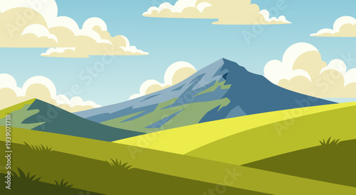 A serene mountain landscape vector illustration depicting rolling green hills under a bright, cloudy sky
