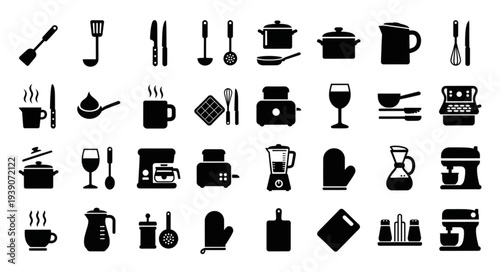 Collection of kitchen utensils and cookware icons in black silhouette.