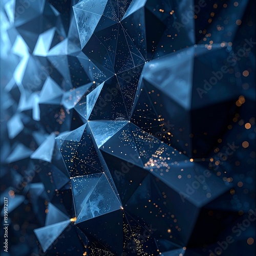 Abstract Blue Geometric Crystal Formation with Sparkling Particles.
