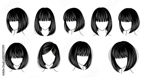 Collection of various short bob hairstyles for women, black and white illustration.
