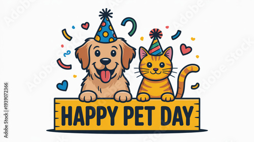 Happy dog and cat wearing party hats celebrating pet day with colorful confetti and hearts