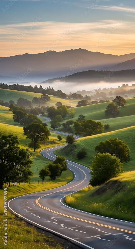 Fototapeta premium Winding road through green countryside landscape.