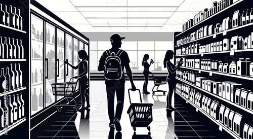 Vector illustration of shoppers in a grocery store aisle, people buying food in a supermarket, shopping cart and shelves filled with products