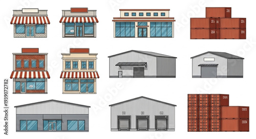 Collection of various commercial buildings and industrial structures for business operations.