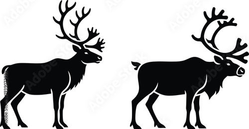 Two majestic reindeer silhouettes with impressive antlers on white background