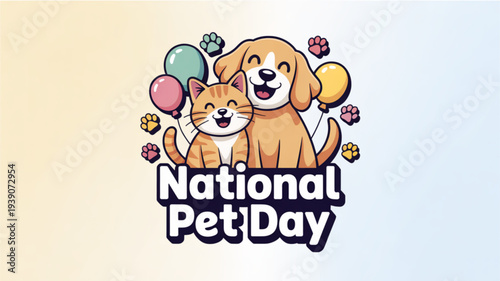 Cartoon dog and cat friends celebrate national pet day with colorful balloons and paw prints on a pastel background