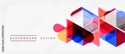 Abstract geometric shapes overlap, creating vibrant colorful background. Modern design utilizes transparency, gradients, dynamic composition.