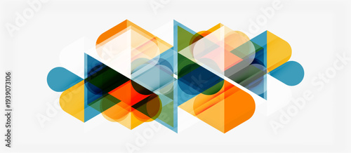 Abstract geometric shapes overlap, creating vibrant color patterns. Orange, blue, green hues dominate composition. Modern design element.