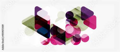 Abstract composition. Overlapping geometric shapes, circles, squares, muted pinks, purples, greens. Minimalist design, modern aesthetic.