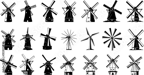 Diverse collection of black and white windmill and wind turbine silhouettes, featuring traditional Dutch mills, modern generators, and various fan blade designs on white.