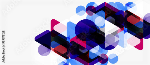 Abstract geometric shapes overlap, creating vibrant blue, purple hues. Minimalist design with translucent elements on white background.