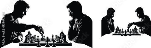 chess players silhouette, strategic chess game concept, two men playing chess board, intellectual competition illustration, cad drawing flat vector illustration