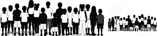Children group silhouettes collection, kids standing together line, childhood diversity concept, school friends crowd illustration, black silhouette vector design