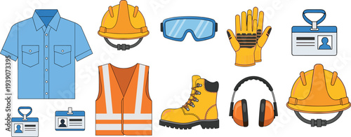 Construction safety equipment set hard hat gloves goggles vest boots earmuffs ID badge shirt protective gear icons industrial worker vector