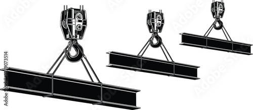 crane lifting steel beam silhouettes set, construction hoist hook with metal girder illustration, industrial lifting equipment vector