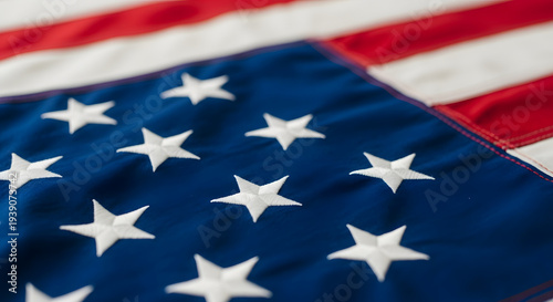 Close up of the american flag with white stars on blue background and red white stripes