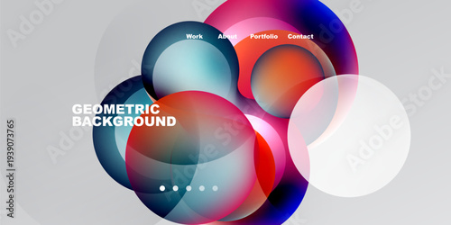 Abstract geometric shapes overlap, creating vibrant color blends. Text labels indicate website sections work, about, portfolio, contact.